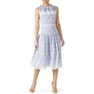 Monique Lhuillier Blue Embroidered Lace Poplin Midi Dress Women's Sz 10 Floral